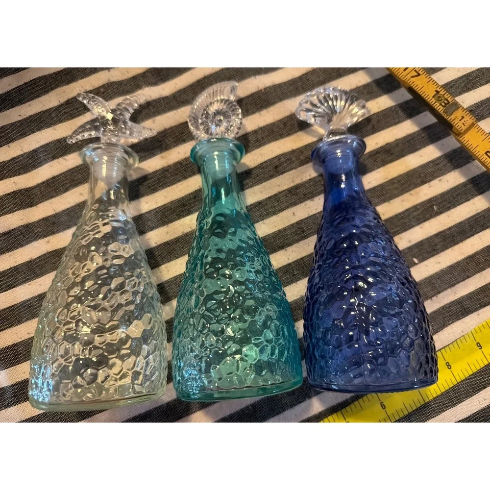 Coastal Glass Decorative Bottle Set 3PC Starfish Shell Aqua Cobalt Blue 7.5in